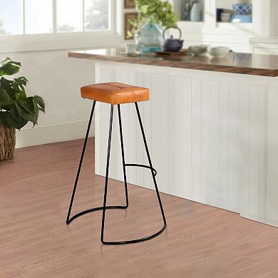 Uri 32 Inch Modern Bar Stool, Genuine Leather Seat, Metal Frame, Button Tufted, Tan Brown, Black