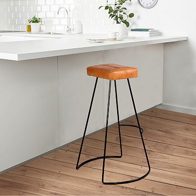Uri 32 Inch Modern Bar Stool, Genuine Leather Seat, Metal Frame, Button Tufted, Tan Brown, Black