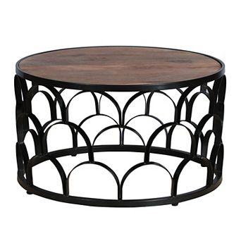 Dex 32 Inch Round Coffee Table, Mango Wood Top, Lattice Cut Out Metal Frame, Brown, Black