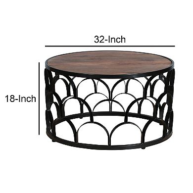 Dex 32 Inch Round Coffee Table, Mango Wood Top, Lattice Cut Out Metal Frame, Brown, Black