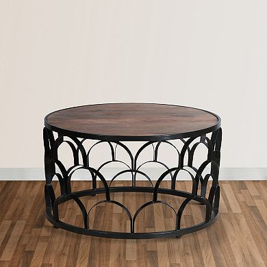 Dex 32 Inch Round Coffee Table, Mango Wood Top, Lattice Cut Out Metal Frame, Brown, Black