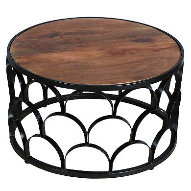 Dex 32 Inch Round Coffee Table, Mango Wood Top, Lattice Cut Out Metal Frame, Brown, Black