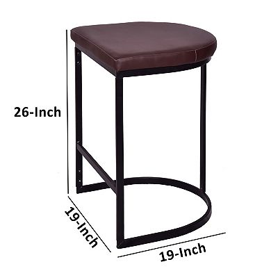 26 Inch Counter Height Stool with Vegan Faux Leather Upholstery, Black Iron Frame, Dark Brown