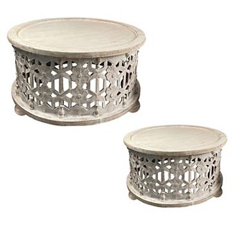 30 Inch Round 2 pc Wood Coffee Table Set, Carved Floral Design, Antique White