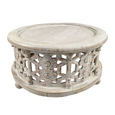 30 Inch Round 2 Piece Wood Coffee Table Set, Carved Floral Design, Antique White