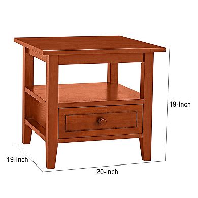 20 Inch Handcrafted Rubberwood Side End Table, 1 Shelf, Rectangular, Honey Brown
