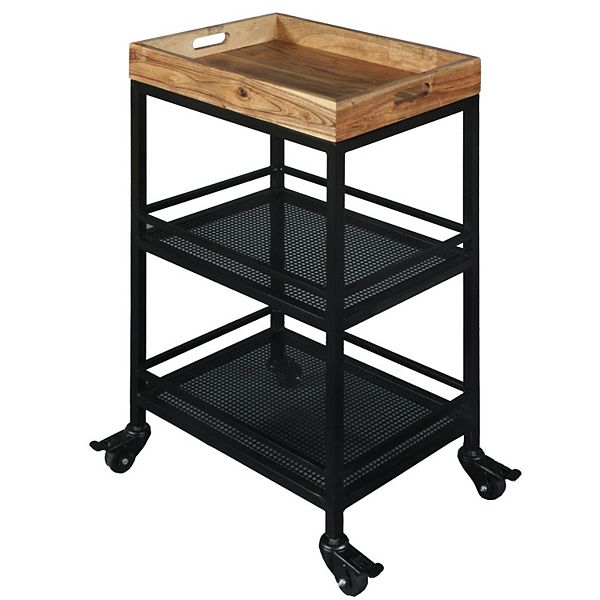 30 Inch Handcrafted Industrial Serving Bar Cart, 3 Tier Tray Top