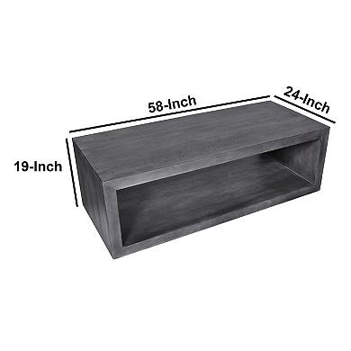 Keli 58 Inch Cube Shaped Wooden Coffee Table With Open Bottom Shelf, Charcoal Gray