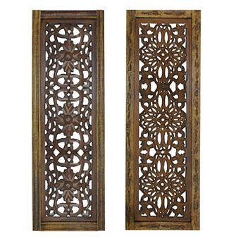 Benzara Floral Hand Carved Wooden Wall Panels, Assortment of Two, Brown