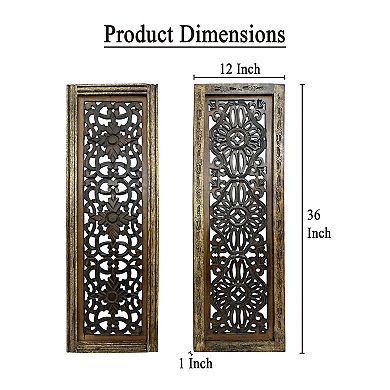 Benzara Floral Hand Carved Wooden Wall Panels, Assortment of Two, Brown