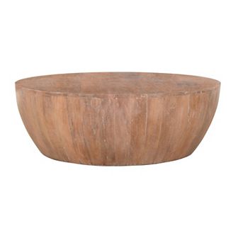 Arthur Drum Shape Wooden Coffee Table With Plank Design Base, Distressed Brown