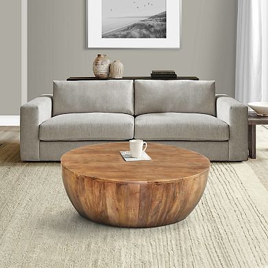 Arthur Drum Shape Wooden Coffee Table With Plank Design Base, Distressed Brown