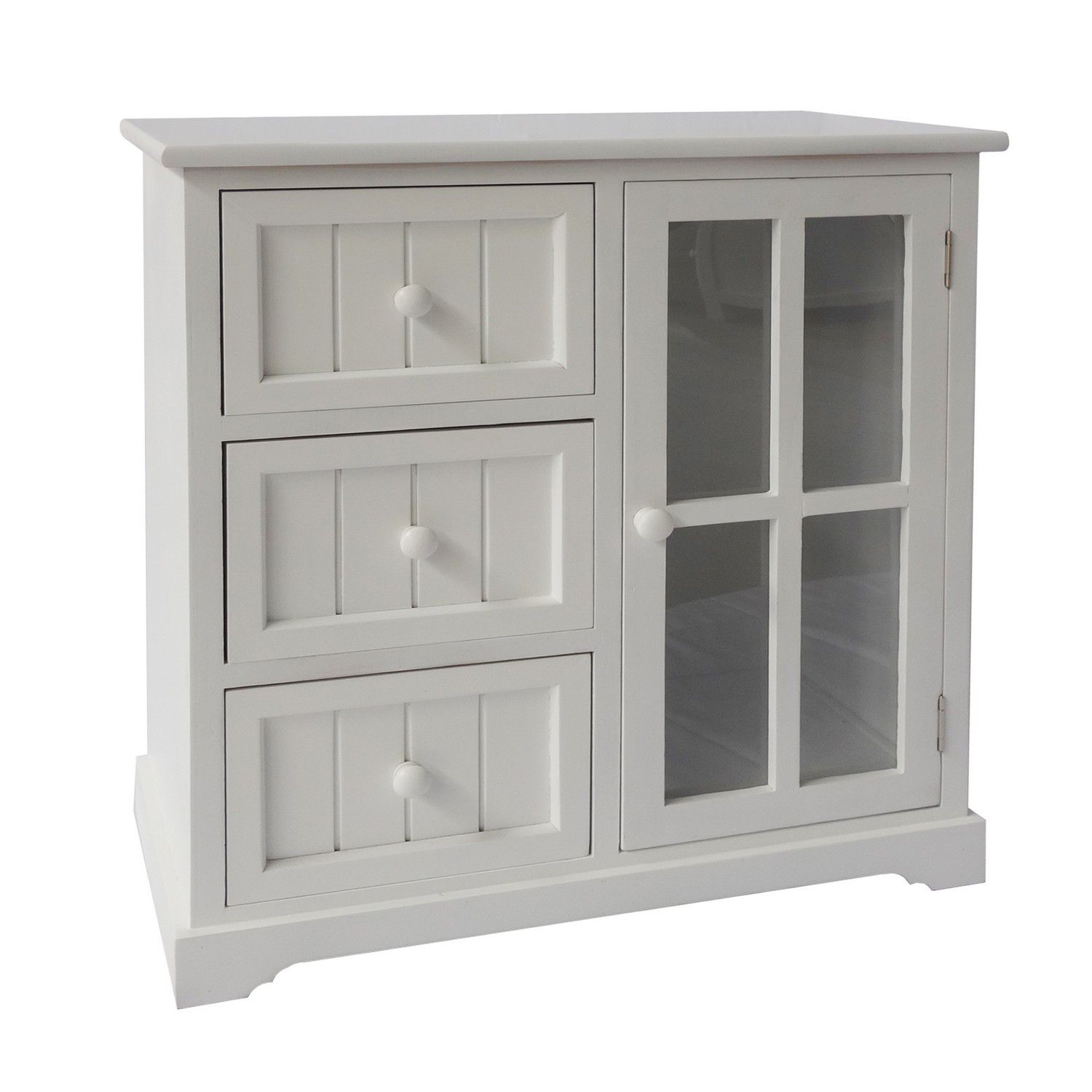 24 Inch Paulownia Wood Accent Cabinet 3 Drawers 1 Glass Door White   6192955