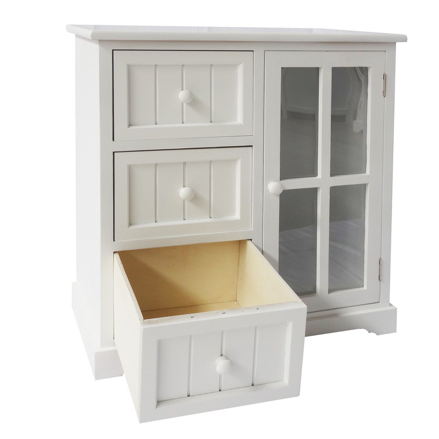 24 Inch Paulownia Wood Accent Cabinet 3 Drawers 1 Glass Door White   6192955 ALT