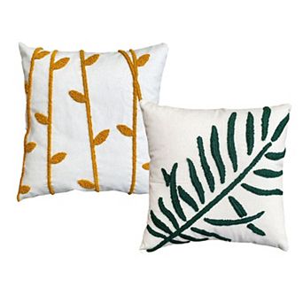 17 x 17 Inch Square Cotton Accent Throw Pillows, Leaf Embroidery, Set of 2, White, Green, Yellow
