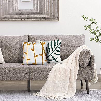 17 x 17 Inch Square Cotton Accent Throw Pillows, Leaf Embroidery, Set of 2, White, Green, Yellow