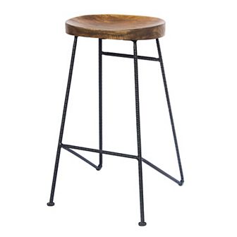 Jael 28 Inch Bar Stool With Mango Wood Saddle Seat, Iron Rod Legs, Brown And Black