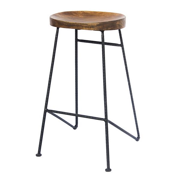 Jael 28 Inch Bar Stool With Mango Wood Saddle Seat, Iron Rod Legs ...