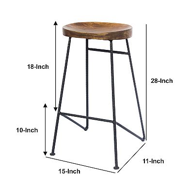 Jael 28 Inch Bar Stool With Mango Wood Saddle Seat, Iron Rod Legs, Brown And Black