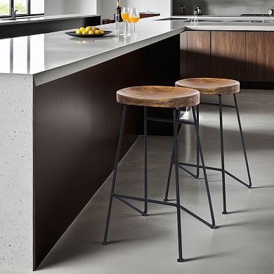 Jael 28 Inch Bar Stool With Mango Wood Saddle Seat, Iron Rod Legs, Brown And Black