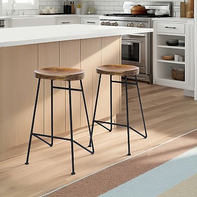 Jael 28 Inch Bar Stool With Mango Wood Saddle Seat, Iron Rod Legs, Brown And Black