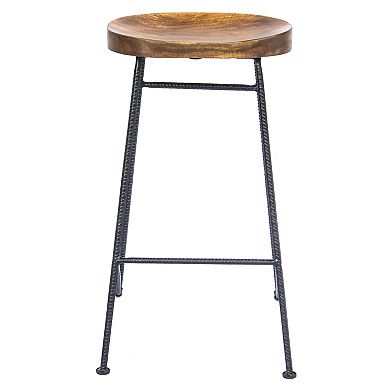 Jael 28 Inch Bar Stool With Mango Wood Saddle Seat, Iron Rod Legs, Brown And Black