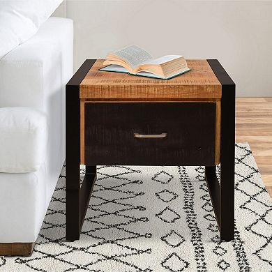 24 Inch Single Drawer Mango Wood Bedside Table, Iron Sled Style Base, Brown, Black
