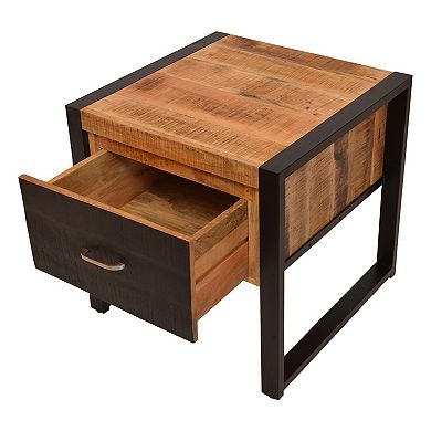 24 Inch Single Drawer Mango Wood Bedside Table, Iron Sled Style Base, Brown, Black