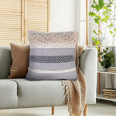 18 x 18 Handcrafted Cotton Accent Throw Pillow, Geometric Lined Pattern, Woven Yarn, Multicolor