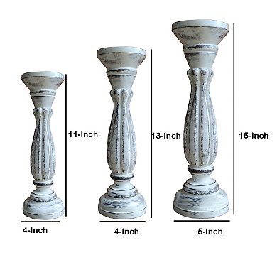 Taki Handmade Wooden Candle Holder With Pillar Base Support, Distressed White, Set Of 3