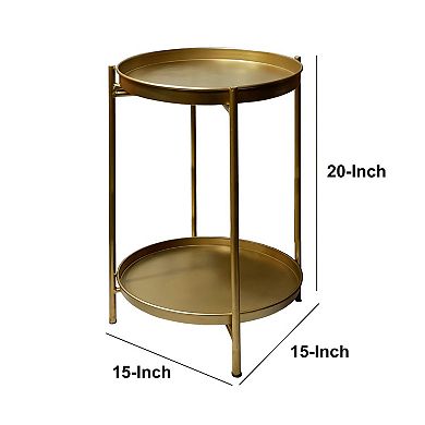 Vica 20 Inch High Round Side End Table With 2 Tier Iron Frame, Matte Gold