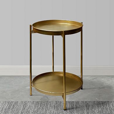 Vica 20 Inch High Round Side End Table With 2 Tier Iron Frame, Matte Gold
