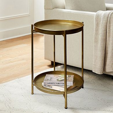 Vica 20 Inch High Round Side End Table With 2 Tier Iron Frame, Matte Gold