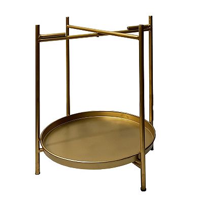 Vica 20 Inch High Round Side End Table With 2 Tier Iron Frame, Matte Gold