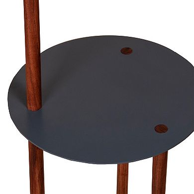 29 Inch Round Metal Top End Table with Inbuilt Wooden Pole, Brown and Black