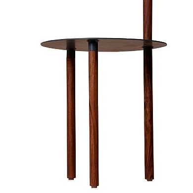 29 Inch Round Metal Top End Table with Inbuilt Wooden Pole, Brown and Black