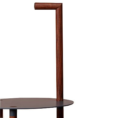 29 Inch Round Metal Top End Table with Inbuilt Wooden Pole, Brown and Black