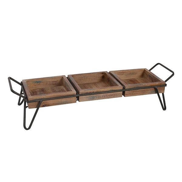 Artisinal Wood Serving Tray, 3 Seperate Sections and Metal Frame, Brown