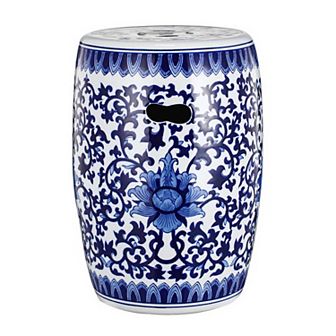 11 Inch Garden Stool, Ceramic Drum Shape, Blue, White Floral Pattern