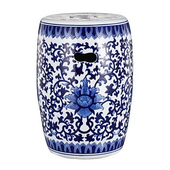 11 Inch Garden Stool, Ceramic Drum Shape, Blue, White Floral Pattern