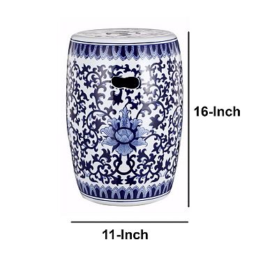 11 Inch Garden Stool, Ceramic Drum Shape, Blue, White Floral Pattern
