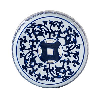 11 Inch Garden Stool, Ceramic Drum Shape, Blue, White Floral Pattern