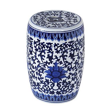 11 Inch Garden Stool, Ceramic Drum Shape, Blue, White Floral Pattern