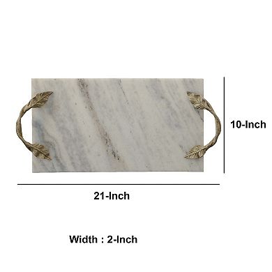 Decor Tray with Marble Frame and Carved Metal Handles, White and Gold