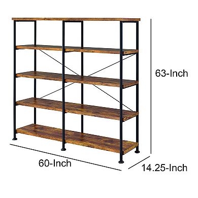 63 Inch Industrial 4 Tier Shelf Bookshelf, Particleboard, Metal Frame, Brown, Black