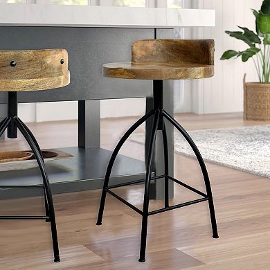 Pia 25-31 Inch Industrial Style Counter Height Stool With Adjustable Swivel Seat, Brown, Black
