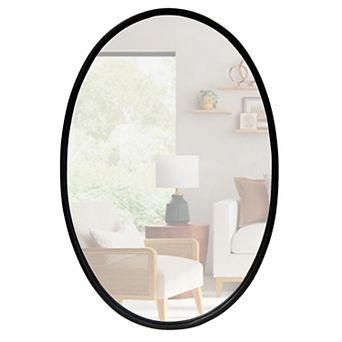 Oval Metal Wall Mirror with Framed Edges and Wooden Backing, Black