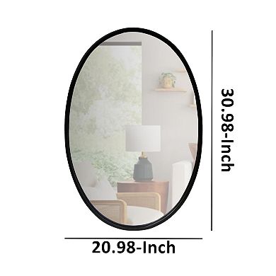 Oval Metal Wall Mirror with Framed Edges and Wooden Backing, Black