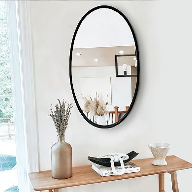 Oval Metal Wall Mirror with Framed Edges and Wooden Backing, Black