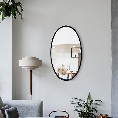 Oval Metal Wall Mirror with Framed Edges and Wooden Backing, Black